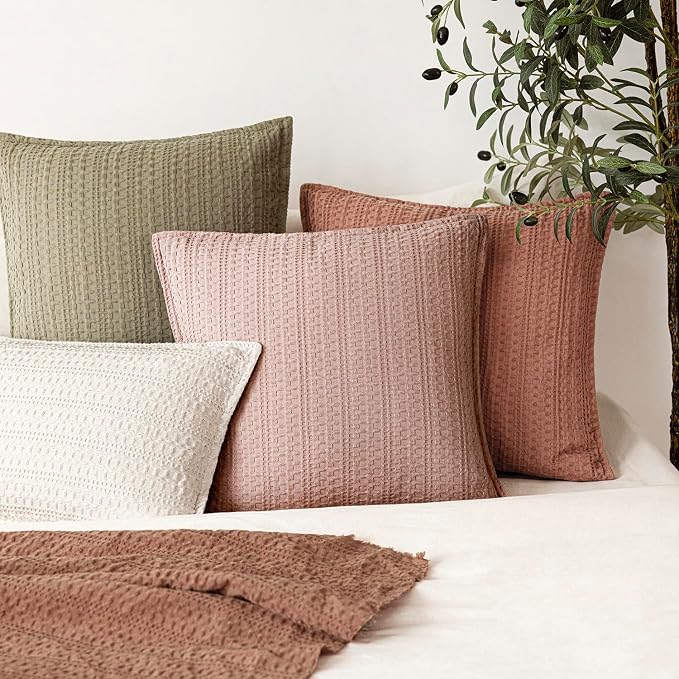 Foindtower Set of 2 Decorative Cotton Waffle Weave Throw Pillow Covers Euro Shams Cushion Covers Accent European Pillowcase for Bed Couch Sofa Bedroom Living Room Home Decor 24×24 Inch Dusty Pink