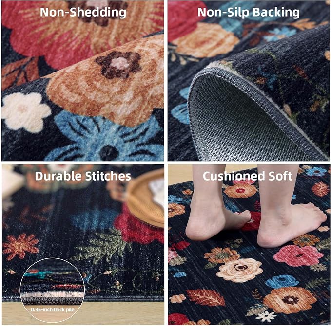 Machine Washable Runner Rug for Kitchen: 2'x6' Hallway Runner Rug Non Slip Low Pile Soft Faux Wool Carpet Runners Floral Floor Rug for Bedroom Entryway Bedroom Bathroom Laundry Room Home Office Indoor