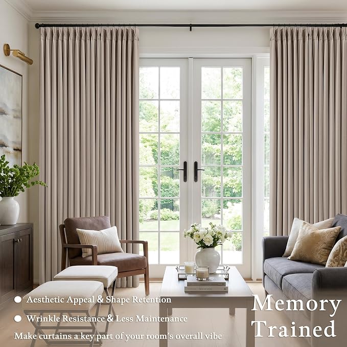 60 Inch Extra Wide 100% Blackout Curtains 108 Inches Long 1 Panel for Bedroom, Burlywood Birch Memory Trained Pleated Thick Linen Thermal Noise Reducing Windows Curtain Light Blocking Drapes 60x108