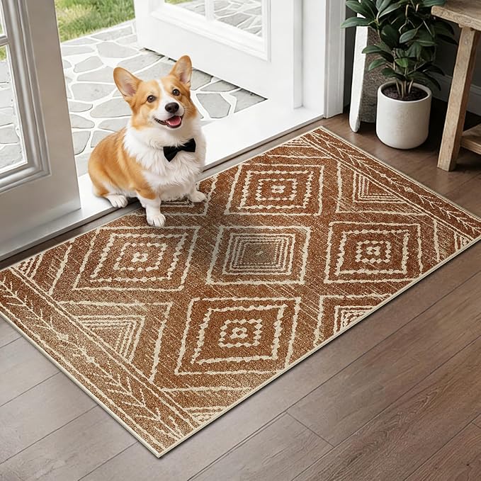 BESTSWEETIE Area Rug 2x4 Rug Machine Washable Non-Slip Low Pile Print Pattern Western Rug for Living Room Bedroom Entryway Tribal Series-Yellowbrown/Cream