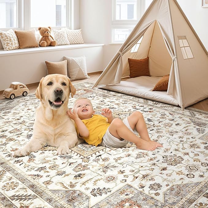 Vintage Living Room Area Rug 7x9 - Large Soft Washable Oriental Traditional Distressed Farmhouse Rugs for Bedroom - Indoor Floor Accent Carpet for Home Office House Decor - Golden Taupe
