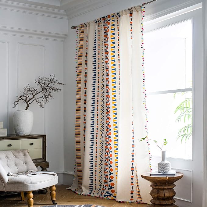 VOGOL Geo Diamond Bohemian Window Curtains - Cotton Linen Rod Pocket Drapes with Pompom Tassels for Living Room & Bedroom Decor, 59x94 Inches, 1 Panel