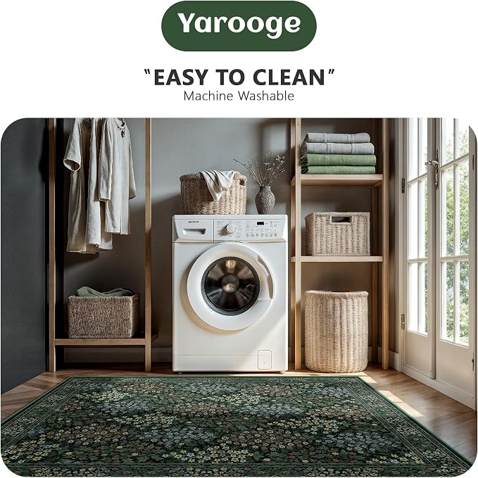 5x7 Area Rugs, Vintage Washable Rug for Bedroom, Indoor Non-Slip Rugs for Living Room, Dining Room, Low Pile Floral Rug(Dark Green Floral)