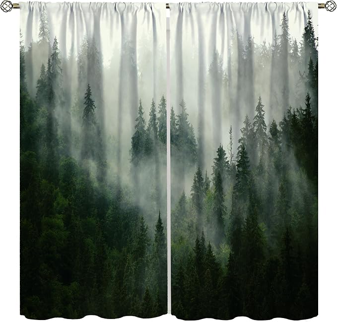 Forest Curtains, Nature Green Spring Foggy Mountain Peaks Vibrant Forest Plants Trees Blackout Window Treatments, Thermally Insulated Drapes for Kids Boys Girls Living Room Bedroom 72x63in