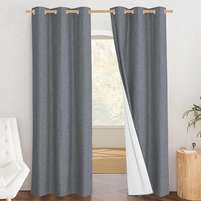 NICETOWN 100% Blackout Linen Texture Curtains 80 inches Long, Dove Grey, 2 Pcs, Thermal Insulated Full Blackout 2-Layer Lined Drapes, Energy Efficiency Window Draperies for Boy's Room