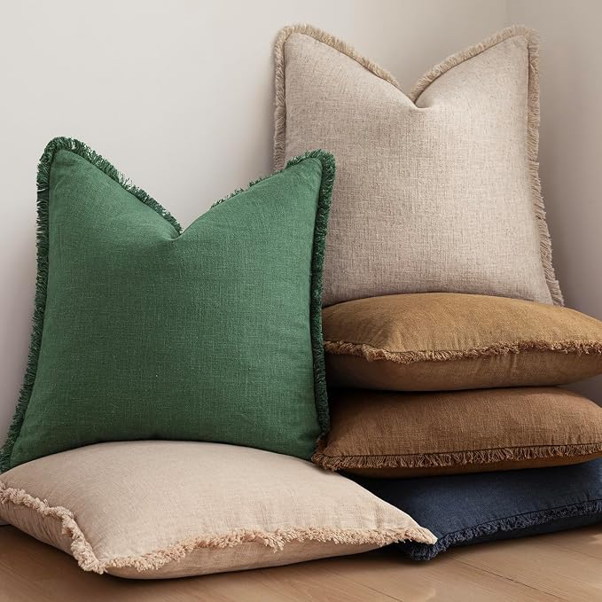 Foindtower Set of 2 Decorative Linen Fringe Lumbar Throw Pillow Covers Boho Farmhouse Cushion Cover with Tassels Soft Accent Pillowcase for Couch Sofa Bed Living Room Home Decor,12×20 Inch,Pine Green