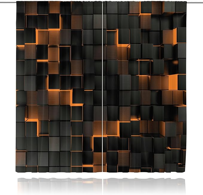 MESHELLY Abstract Black Orange Curtains 42Wx63H Inch Rod Pocket Modern 3D Gradient Design Geometric Cubes Minimalist Bedroom Window Drapes Futuristic Man Boys Printed Living Room Window Treatment