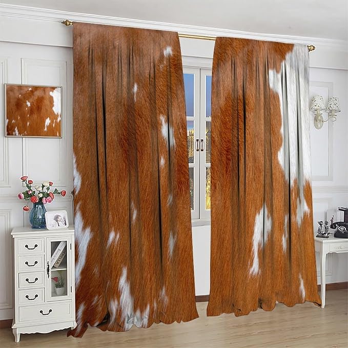 Cowhide Blackout Curtain, Rustic Cow Print Brown Animal Fur Skin Drapes, Rod Pocket Window Treatments 2 Panels Curtains for Dining Room Bedroom Office Cafe Decor 84" W X 84" L