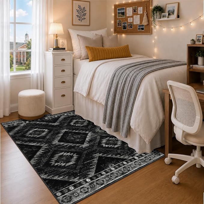 BESTSWEETIE Area Rug 4x6 Rug Machine Washable Non-Slip Low Pile Print Pattern Western Rug for Living Room Bedroom Entryway Tribal Series-Black
