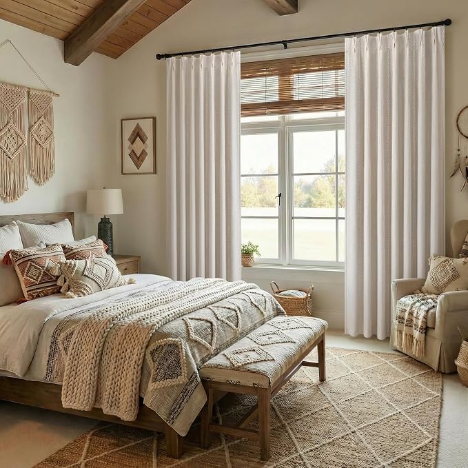 Pinch Pleated Look Blackout Curtains 84 Inch Length, 2 Panels Linen Textured Boho Neutral Drapes for Living Room Bedroom Farmhouse Vintage Rustic Window Curtains with Hooks