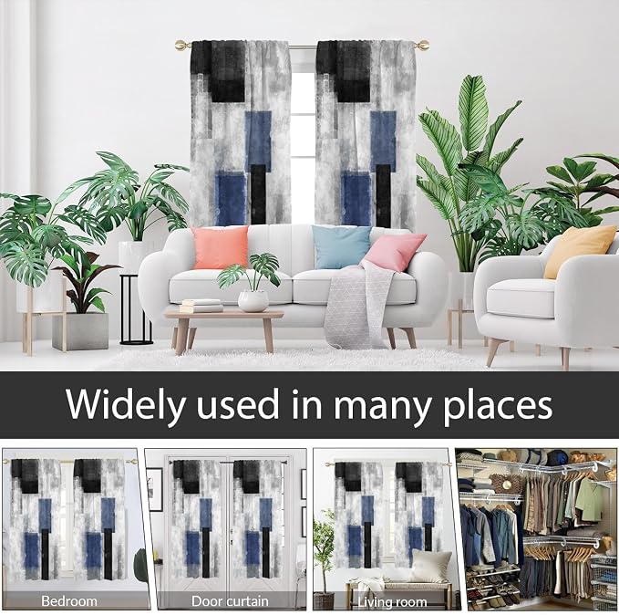 AAtter Blue Black Grey Window Curtain Navy White Gray Abstract Geometric Art Aesthetic Minimalist Boys Mens Wide Living Room Bedroom Drapes Treatment Fabric 1 Pair, 52" W x 63" L, Modern