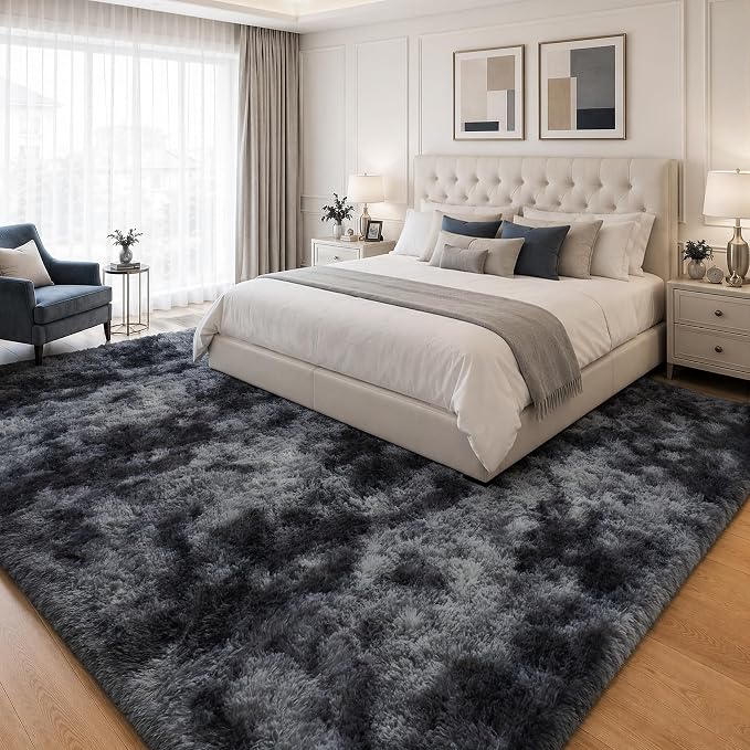8x10 Area Rugs for Living Room Bedroom: Black Grey Soft Fluffy Shag Upgrade Non-Slip High Pile Carpet Large Fuzzy Plush Indoor Floor Decor Shaggy Rug for Kid Boys Girls Playroom Nursery Modern Home