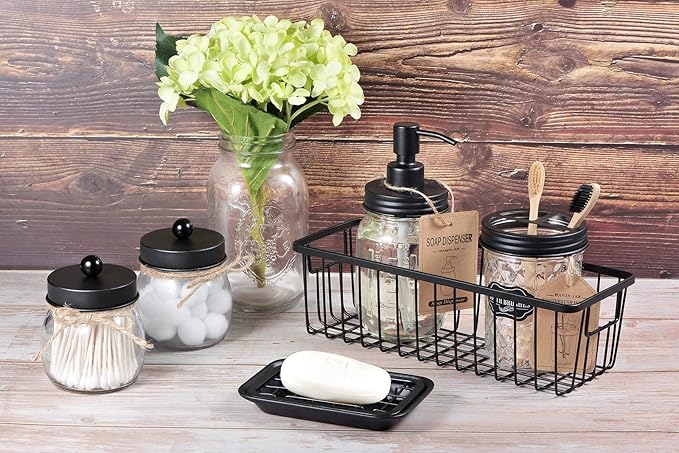 SheeChung Qtip Dispenser Holder 4pcs, Glass Apothecary Jars with Stainless Steel Lids &Stickers Farmhouse Decor Metal Wire Bathroom Storage Organizer Basket Bins - for Cabinets, Shelves