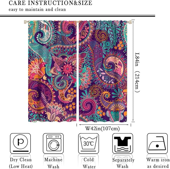 Vintage Bohemian Curtains, Indian Bohemian Mandala Colorful Pattern Blackout Thermal Curtains, Bedroom Living Room Curtains, 2 Panel Set, 84x84 in.