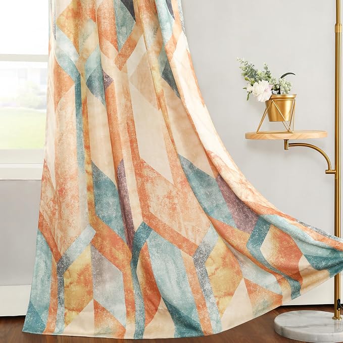 Leeva Window Treatment Curtains for Room Divider, Modern Printing Light Blocking Windows Curtain for Bedroom, Orange Linen Textured Drapes 106 Inches Long, Set of 2, 60 x 106