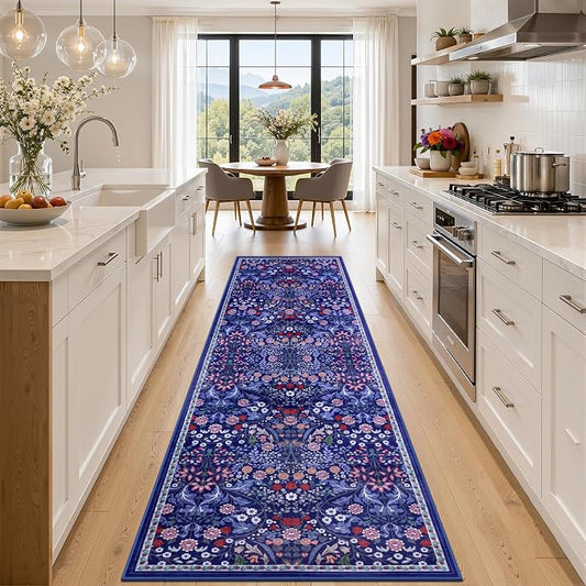 Runner Rug for Entryway: 3x10 Kitchen Rugs Non Slip Washable Ultra-Thin Soft Floral Carpet Indoor Floor Stain Resistant Carpets for Hallway Bedroom Kitchen Laundry Bathroom Dorm Blue