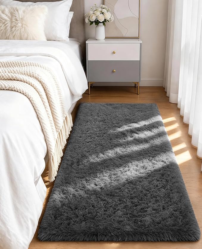Ophanie Runner Rug for Hallway, 2x5 Upgrade Non-Slip Fluffy Soft Bedside Rugs, Bedroom Living Room Grey Shaggy Gray Carpet for Kids Girls Boys Dorm Nursery Home Decor Aesthetic