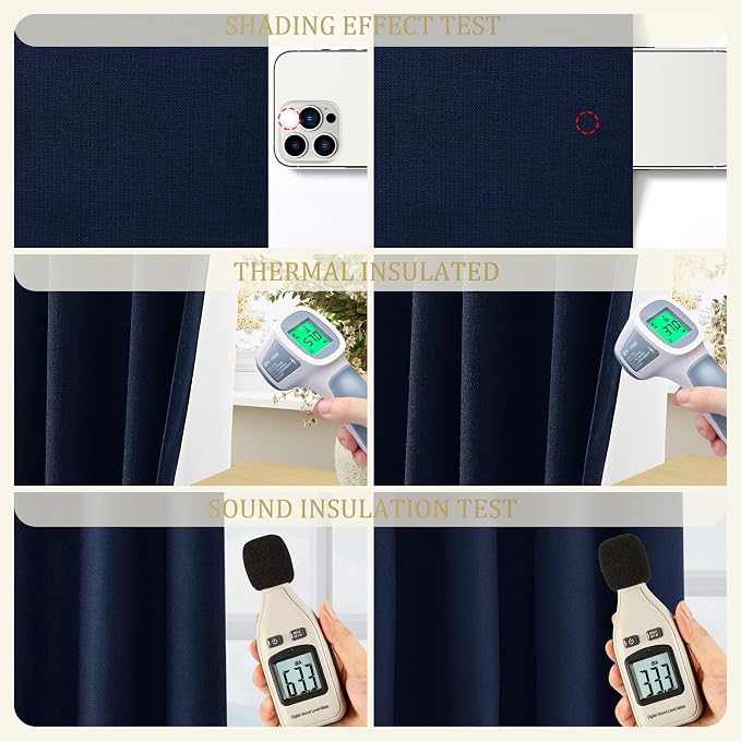 Jowels Navy Blue Linen Blackout Curtains 96 Length 2 Panels Set for Living Room Bedroom, 100% Black Out Thermal Insulated Linen Drapes, Room Darkening Grommet Curtains 96 Inches Long