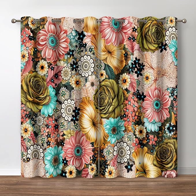 Jekeno Boho Flower Floral Blackout Curtains Colorful Bohemian Flowers Decor for Home Bedroom Living Room Darkening Curtains Grommet Window Drapes 2 Panel Set, 52"x63"