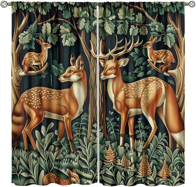 William Morris Blackout Curtains, Retro Forest Deer Animal Rustic Farmhous Window Drapes, for Bedroom Living Room 63" W X 63" L