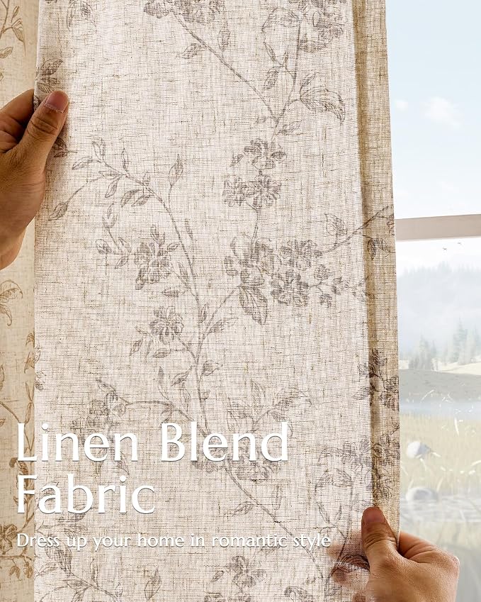 jinchan Taupe Floral Linen Curtains 90 Inch Farmhouse Back Tab 2 Panels | Flower patterned drapes, french country, light filtering, semi sheer, printed, bedroom, living room, office, window treatment