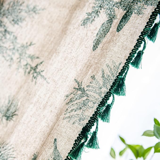 Sutuo Home Boho Curtain 84 Inches Length for Bedroom, Printed Cotton Linen Rod Pocket Semi Blackout Farmhouse Bohemian Tassels Window Treatment for Living Room, 1 Panel 59" W x 84" L, Green Forest