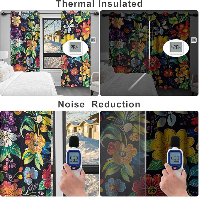 Boho Floral Blackout Curtains 84 Inch Long 2 Panels Set, Grommet Black Out Window Drapes with Curtain Tiebacks, Thermal Insulated Farmhouse Patterned Light Filtering Curtains for Bedroom Livingroom
