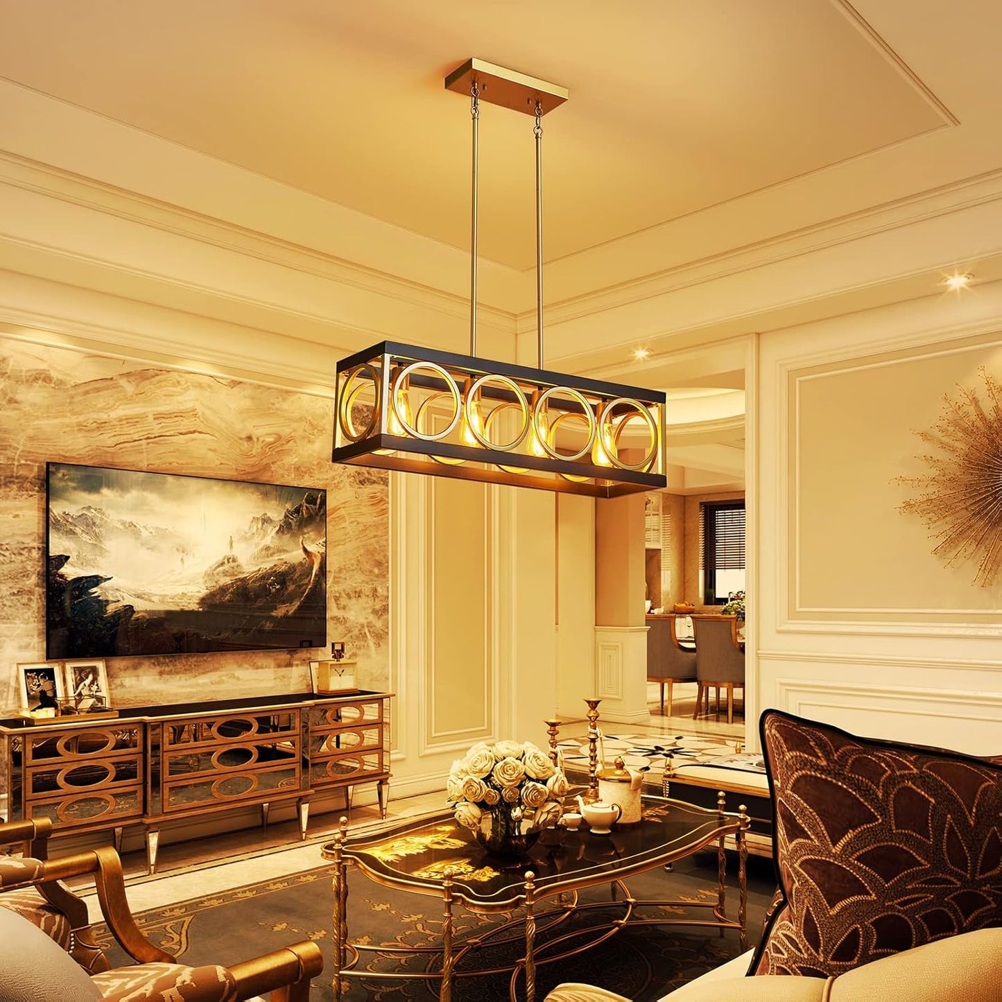 XINGQI Modern Rectangle Chandelier, Farmhouse Kitchen Island Lighting Rustic Industrial Hanging Light Fixture 4-Light Metal Linear Pendant for Dining Room Living Room Hallway, Black and Gold