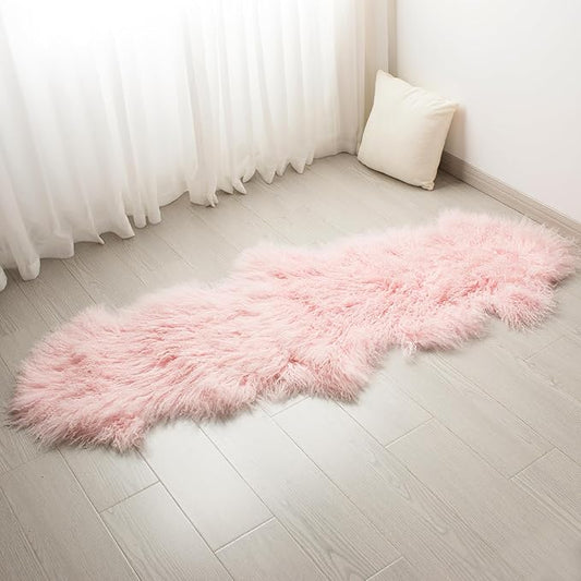 100% Genuine Sheepskin Area Rug Real Lightweight Fluffy Soft Mongolian Long Wool Fur Carpet for Couch Bed Sofa Bedroom Living Room Pink 2x5ft