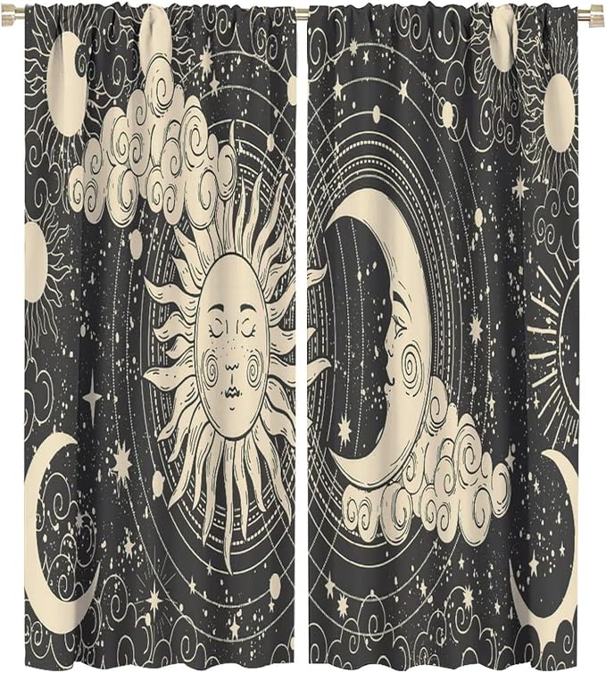 Bohemian Sun Moon Blackout Windows Curtains, Golden Sun Crescent Moon and Stars Vintage Cosmic Galaxy Printed Curtains, for Living Room Bedroom 42x54in 2 Panels