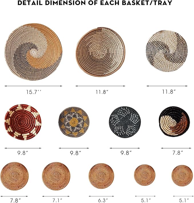 Set of 12 Woven Basket Wall Decor, Decorative Plates for Wall, Unique Wicker Wall Art Decor, Decorative Baskets for Livingroom Bedroom