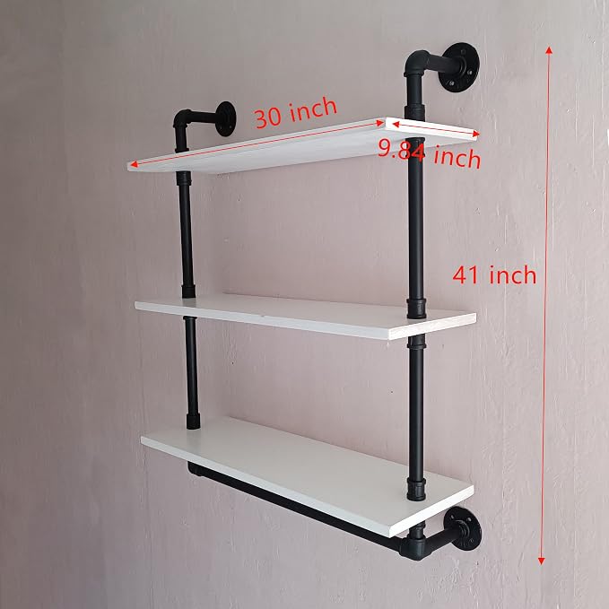 30 inch Retro White Rustic Bathroom Shelves Farmhouse Pipe Wall Shelves | Industrial Pipe Shelving Floating Shelves with Towel Rack for Kitchen Storage,Living Room,Bedroom