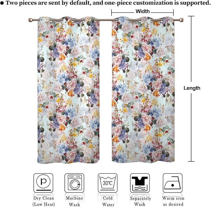 Renaiss Flower Blossom Curtains Watercolor Floral Painting Thermal Insulated Window Curtains for Living Room Bedroom Blackout Window Drapes Grommet Top 29W x 45L Inch 2 Panel Set