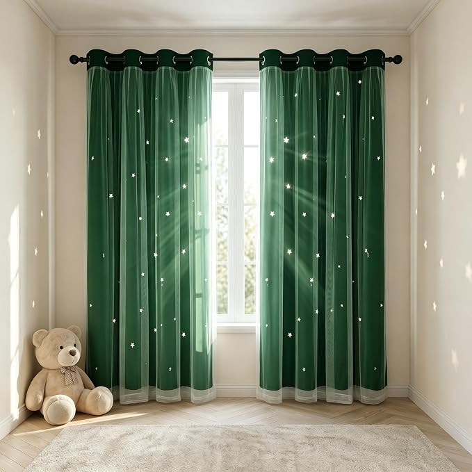 Kids Blackout Curtains for Bedroom/Living Room/Classroom, Sheer Overlay 2 Free Tiebacks, Double Layer Curtains with Star Cutout for Kids Room(Each Piece W 70 x L 63 Inches 2 Pcs Dark Green)
