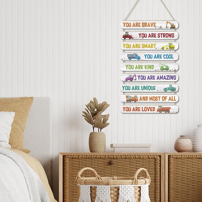 MONALET Construction Car Inspirational Wall Decor for Boys Kids Room Playroom Nursery Classroom, You Are Loved Hanging Wooden Signs Decorations, Positive Affirmations Wall Art Wood Plaque 9Pcs 12x19