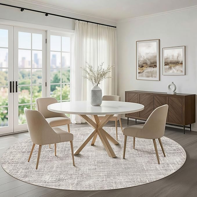 8ft Round Rug Living Room: 8x8 Washable Large Neutral Circle Area Rug Abstract Soft Modern Stain Resistant Indoor Floor Non-Slip Carpet for Bedroom Nursery Kids Office Playroom Dining Room- Brown Gray
