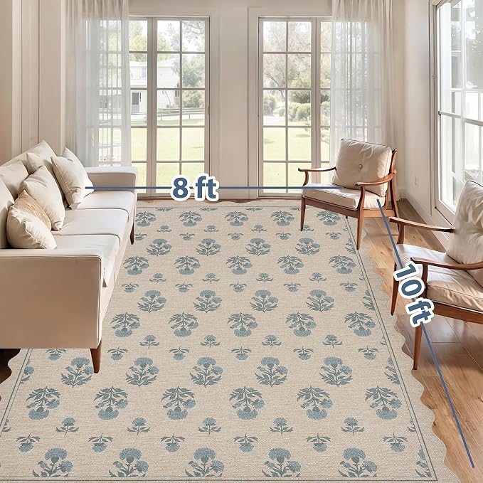 ORTIGIA Scalloped Easy Jute 8x10 Area Rug Vintage Blue Floral Farmhouse Washable Rug Non-Slip Indoor Outdoor Carpet for Living Room Bedroom Patio Entryway