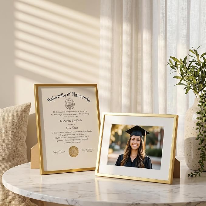 FLYJOE 8.5x11 Certificate Frame, Aluminum Diploma Frame for Document, Gold | Elegant Gold Document Frame with 6x8 Opening for Diploma, Certificate, Award & Letter Size Photo | Wall Kit Included