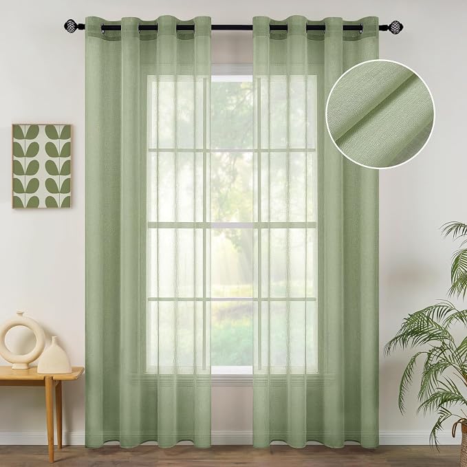 MIULEE 2 Panels Sage Green Semi Sheer Window Curtains Spring Elegant Grommet Top Window Voile Drapes/Treatment Linen Textured Light Green Panels for Bedroom Living Room (54X96 Inches)