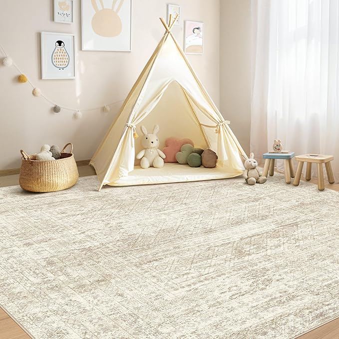 UERMEI Square Area Rugs : Washable 8x8 Neutral Modern Abstract Carpet for Living Room Bedroom - Soft Floor Mat with Non Slip Backing for Kitchen Nursery Dorms Farmhouse Home Decor - Beige/Brown