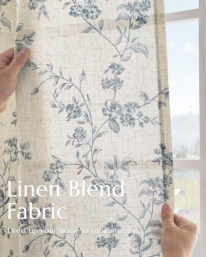 jinchan Blue Floral Linen Curtains 84 Inch French Country Back Tab 2 Panels | Flower patterned drapes, farmhouse, printed, light filtering, bedroom, living room, kitchen, window treatment, rod pocket