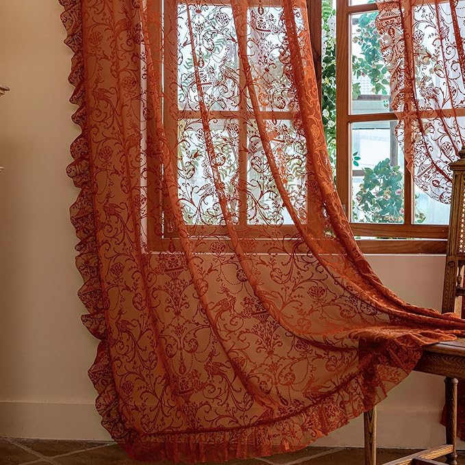 TUDECO Sheer Terracotta Curtains 96 Inches Long - Luxury Embroidered Floral Frilly Ruffle Curtains for Dining Room, Stunning Light Filtering Rod Pocket Thanksgiving Burnt Orange Decor, 59 x 96 Inch