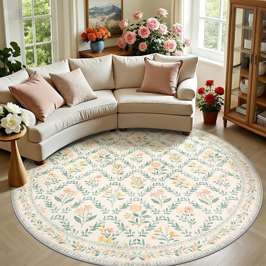 Round Area Rug for Living Room: 8 ft Floral Washable Circle Rug Soft Boho Non-Slip Carpet Indoor Floor Stain Resistant Low Pile Small Circular Rug for Bedroom Entryway Kitchen Nursery Beige/Multi