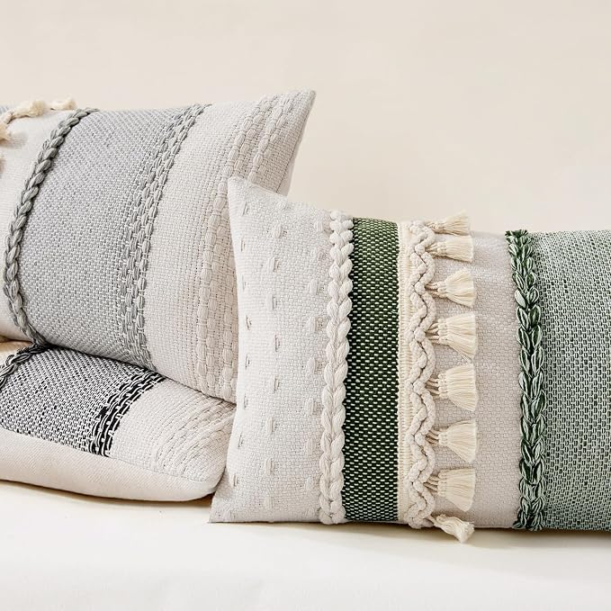 Kevin Textile 14x20 Inch Lumbar Throw Pillow Cover 1 Pack Boho Decorative Cotton Thread Woven Textured Tassel Rustic Farmhouse Rectangle Cushion Cover for Couch Sofa Chair Bed, Green