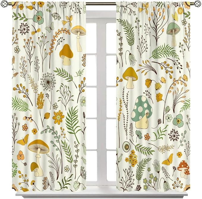 Wild Mushroom Curtains, Vintage Botanical Rustic Retro Wildflower Herbs Plants Green Mushroom Blackout Window Treatments for Living Room Kitchen Bedroom 55x63in