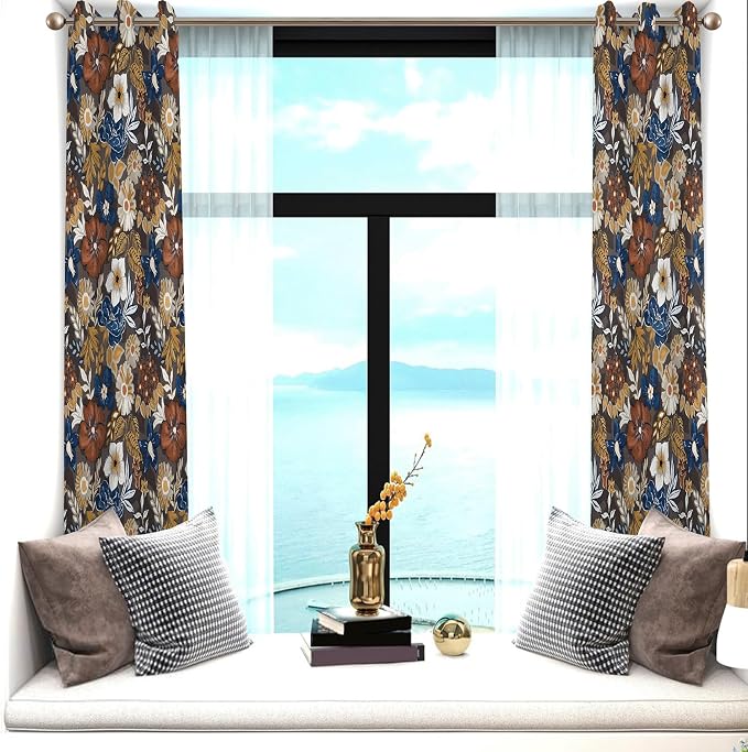 Renaiss Bohemian Floral Blackout Curtains, Blue Brown White Flower Thermal Insulated Bedroom Window Curtains, Boho Style Patterned Window Drapes for Living Room, 108" L x 53" W 2 Panel Set