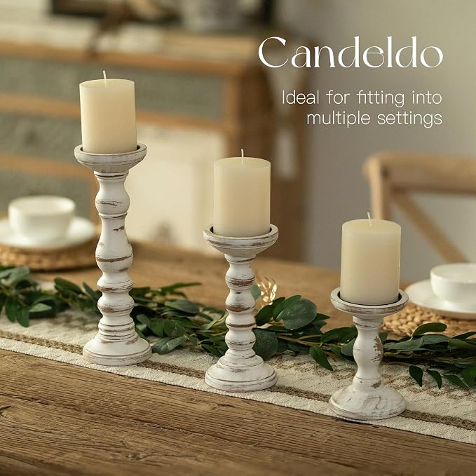 Candeldo Wood Candle Holders for Pillar, White Farmhouse Fireplace Decor | Set of 3, Table Centerpiece, Tall Shabby Chic Decor, Wooden Rustic Decoration for Mantle