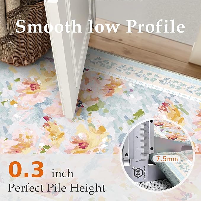 2x8 Washable Runner Rug Blue Floral Abstract Hallway Kitchen Throw Rug Modern Non Slip Soft Low Pile Carpet for Bathroom Laundry Bedroom Living Room