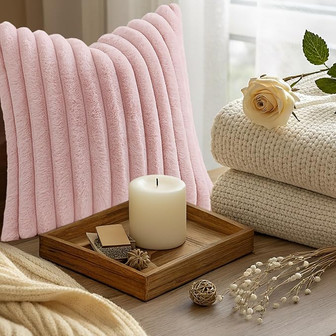 decorUhome Fall Cozy Faux Fur Throw Pillow Covers 26x26 Set of 2 Decorative Soft Plush Striped Modern Farmhouse Boho Couch Euro Sham Pillow Cases with Velvet Back for Sofa Bed Living Room, Pink