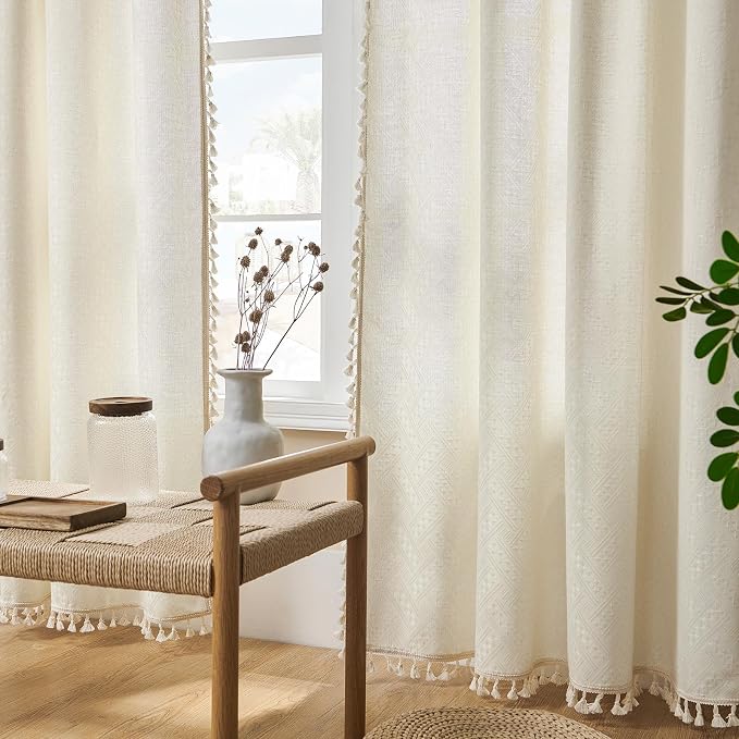 Joydeco Custom Boho Curtains 1 Panel, Boho Curtains for Bedroom Living Room, Super Soft Light Filtering Country Rustic Semi Sheer Farmhouse Curtains Rod Pocket (Custom, Beige)